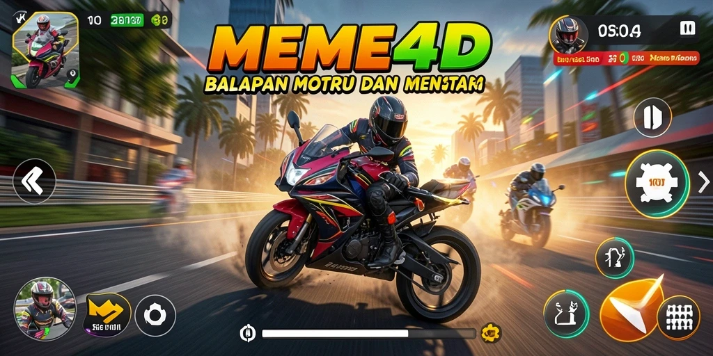 Tangkapan layar gameplay MEME4D menunjukkan aksi balapan motor yang intens.